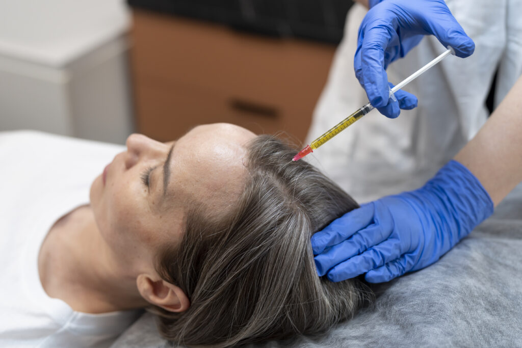 paciente de Angulo alto que recibe una inyección de prp para la alopecia